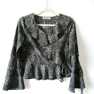 Red Leaf Womens Black Gray Tie Bell Sleeve Peplum Leopard Blouse Top Size S